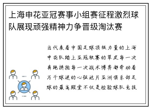 上海申花亚冠赛事小组赛征程激烈球队展现顽强精神力争晋级淘汰赛